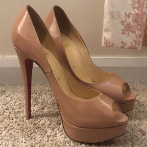 New Christian Louboutins- Patent nude peep toe